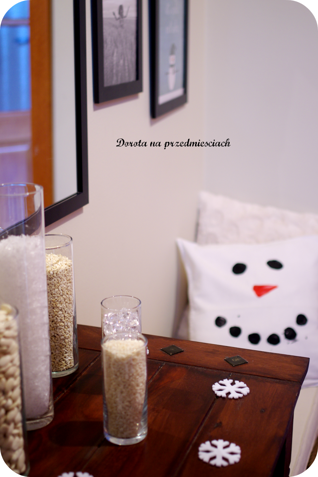 january mantel styczeń dekoracje Bałwan poduszka DIY